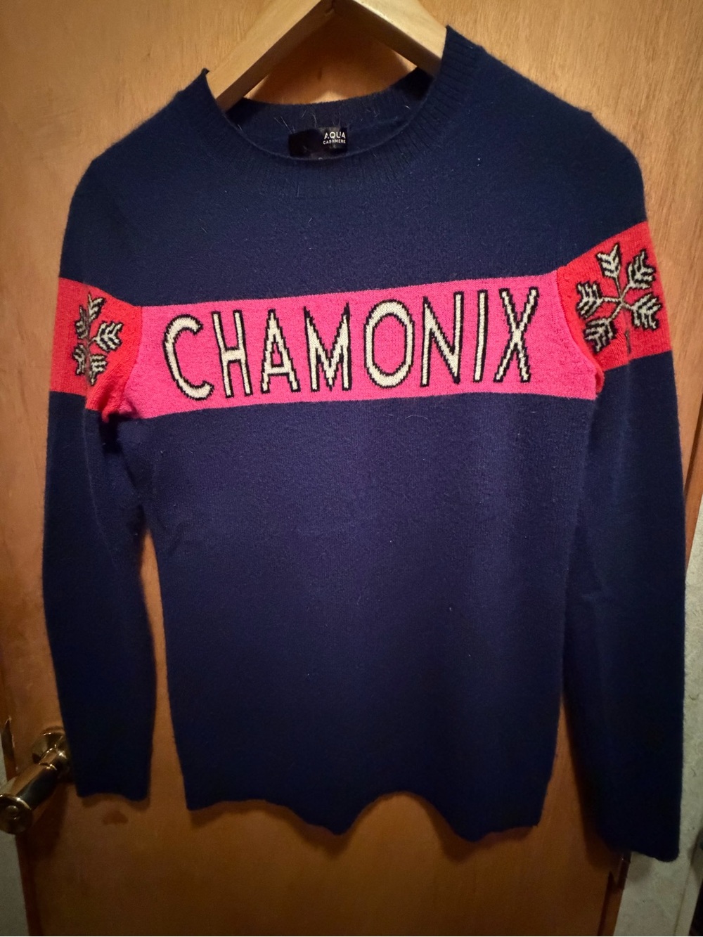 Aqua Cashmere Navy Sweater with Pink Accent